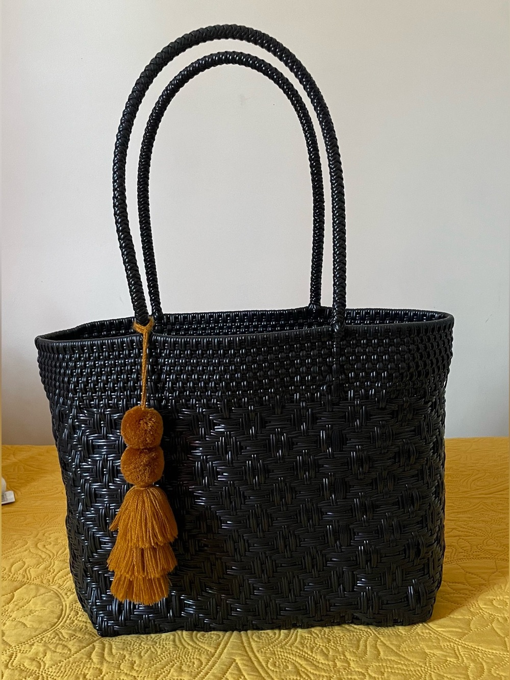 Black Medium Woven Tote with Brown Tassel Accent